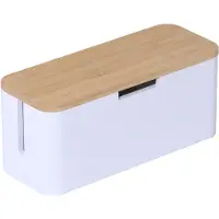 Relaxdays Kabelbox für Steckdosenleiste, Bambus, Deckel, HBT: 14,5x34x11 cm, Kabel verstecken, Steckdosenbox, natur/weiß