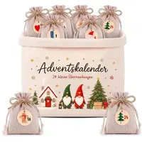 Merkloos Adventskalender Säckchen Set mit Stoffkorb, 24 Holzanhängern und Zugbeuteln