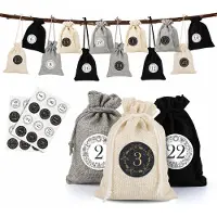OEM 24 Jutesäckchen Adventskalender mit Zahlen, Schwarz/Creme/Hellgrau