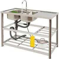 Markenlos Edelstahl Spültisch Spülbecken Waschbecken 2 Becken Küchenspüle mit Arbeitstisch und Wasserhahn, Ablassvorrichtung Freistehende Gastro Spüle Gewerbliche Spülschrank Waschtisch Outdoor Camping Ausgussb
