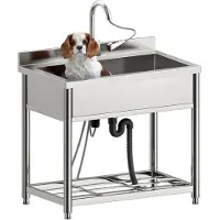 Markenlos Große Freistehende Edelstahl Spültisch Gastro 1 Becken, 90 cm Gewerbliche Küchenspüle, Industrielle Spüle mit Wasserhahn für Küche, Restaurant, Cafe, Geschäft, Außen, 57T x 90B x 94H cm