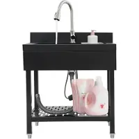 Markenlos Freistehende Edelstahl Spültisch 1 Becken, Waschbecken Küchenspüle Mit Ausziehbarer Wasserhahn & Abtropfkorb, Edelstahl Waschtisch Spültisch Für Outdoor Camping Spülbecken, 70 * 50 * 90cm, Schwarz