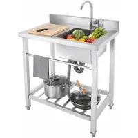 Markenlos Freistehendes Edelstahl Spültisch, Gewerbespüle Spülbecken, Küchenspüle Outdoor Spüle mit Unterschrank Regal & 360° Wasserhahn für Restaurant Bar Küche 80x55x84cm, Rechts Becken