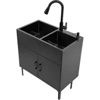 Markenlos 75x41cm Doppelbecken Spülenschrank, Edelstahl Spültisch Freistehend, Waschküchenspüle mit Unterschrank & Ausziehbar Wasserhahn, Komplettes Küchenspüle Set für Küche, Waschküche, 2 Becken