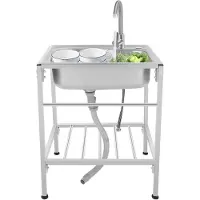 Markenlos Edelstahl Spültisch Freistehend 60 x 45 x 75 cm, Freistehende Spüle Edelstahl mit Wasserhahn, 1 Becken Gastro Spüle mit Gestell und Ablauf, für Restaurant, Garten, Camping, Café und Küche