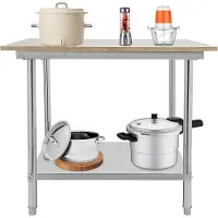 Markenlos Arbeitstisch mit Bambusplatte, Gastro Edelstahltisch 90 x 76 x 85cm, 80 kg Belastbarkeit, Arbeitstisch mit unterem Regal, Küchenvorbereitungstisch, für Zuhause, Büro, Picknick, Garten
