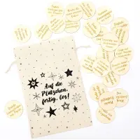 Merkloos Adventskalender Holztaler Aufgaben Adventskalender - 24 Tage - Bedruckte Holztaler mit Aufgaben - Baumwollbeutel - Wiederverwendbar