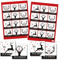 Merkloos Adventskalenderzahlen Adventskalender Zahlen Set - 1 bis 24 - Schwarz, Weiß und Rot - Mit Stickern - 6 x 6 cm
