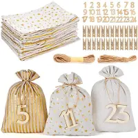 Merkloos Adventskalender zum Selbstbefüllen - 24 Stoffbeutel - Nummerierte Holzanhänger - Baumwolle und Leinen