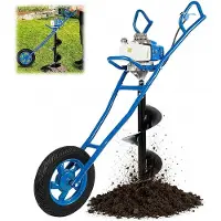 Markenlos 63CC 2,2KW Erdbohrer Benzin Erdlochbohrer mit 300mm Spitzen, Rädern 2 Takt Motor Handschiebe Benzin Pfahlramme Professionell Gärtenerdbohrer Obstgartenerdbohrer für Bauindustrie (Blau)