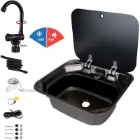 StarTech.com Handwaschbecken für Wohnmobile - Camper-Sink - 50 x 43 x 21 cm - Edelstahl mit Hartglasdeckel - Klapphahn - Warm-/Kaltwasser - Schalldämmend - Schwarz