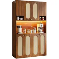 Moonbite Hoher Aufbewahrungsschrank 178 cm mit PE-Rattan-Ovalen, Hausbar-Schrank 8 Türen, offene Mittelablage, gedämpfte Scharniere, MDF-Platte, Natur